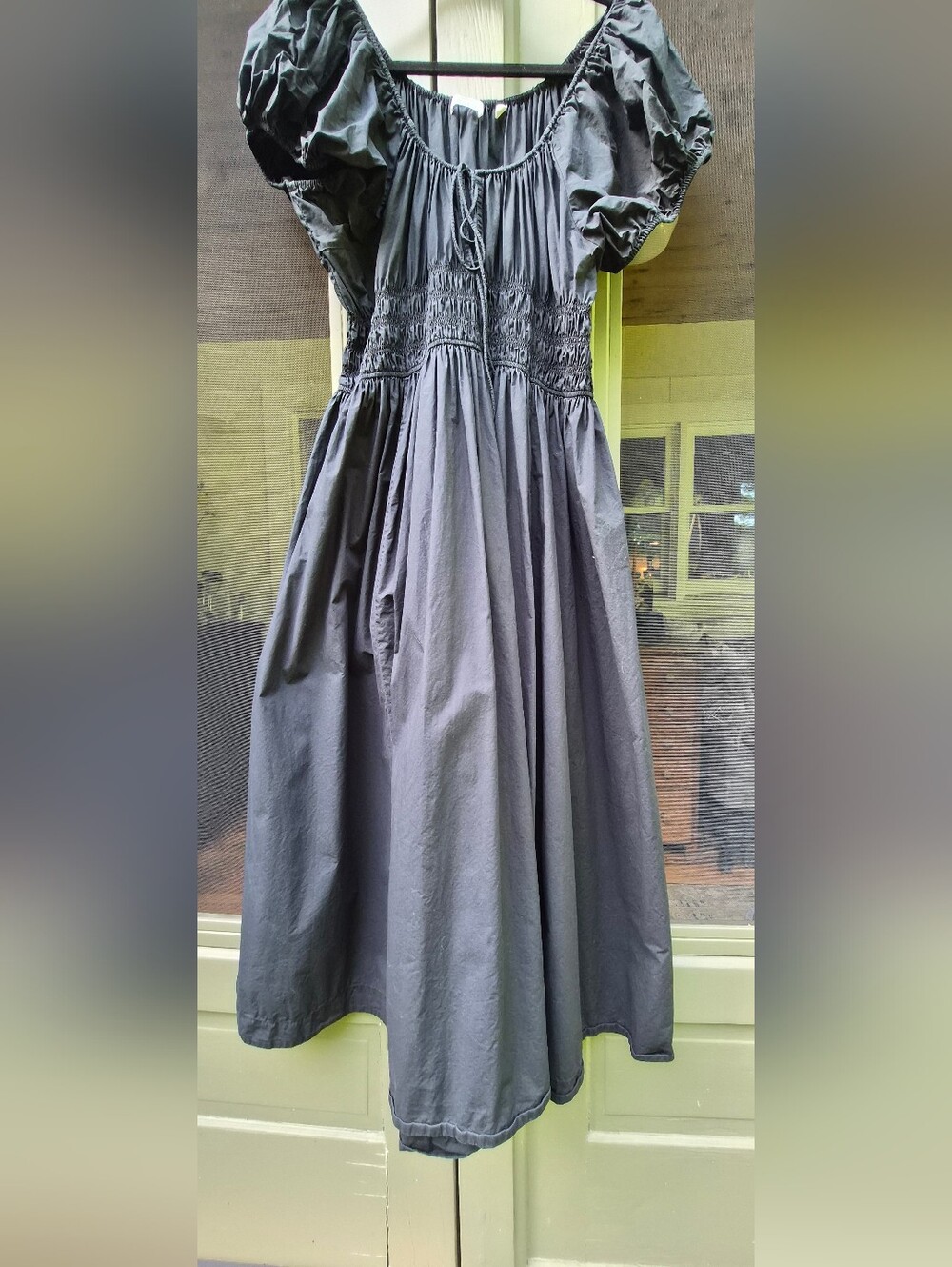 DÔEN Black Cotton Poplin Puff Sleeve Smocked Midi Dress XXL